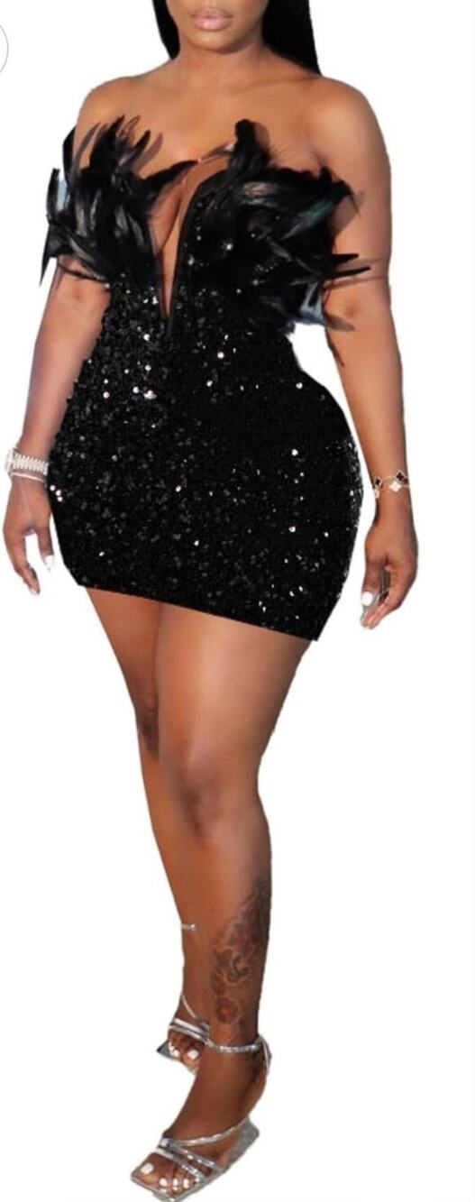 Black Sequin Plunge V-Neck Feather Mini Dress L